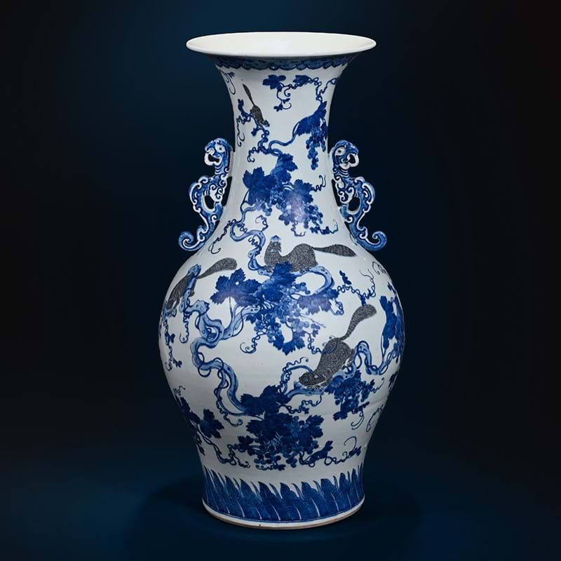 A large Chinese underglaze blue and copper red twin handled vase, Qianlong (1736-1795)